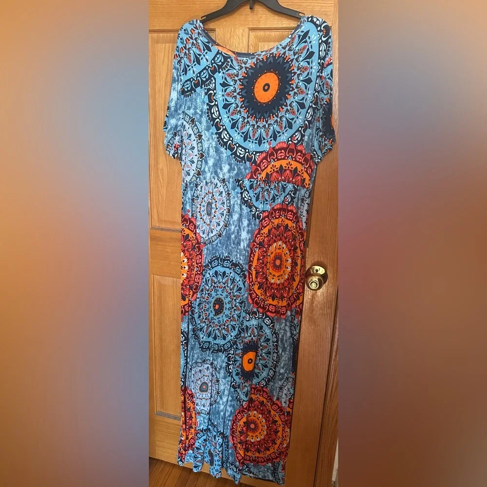 Grecerelle Summer Maxi Round Neck Short Sleeves Pockets Dress Sz 3XL - Picture 4 of 13